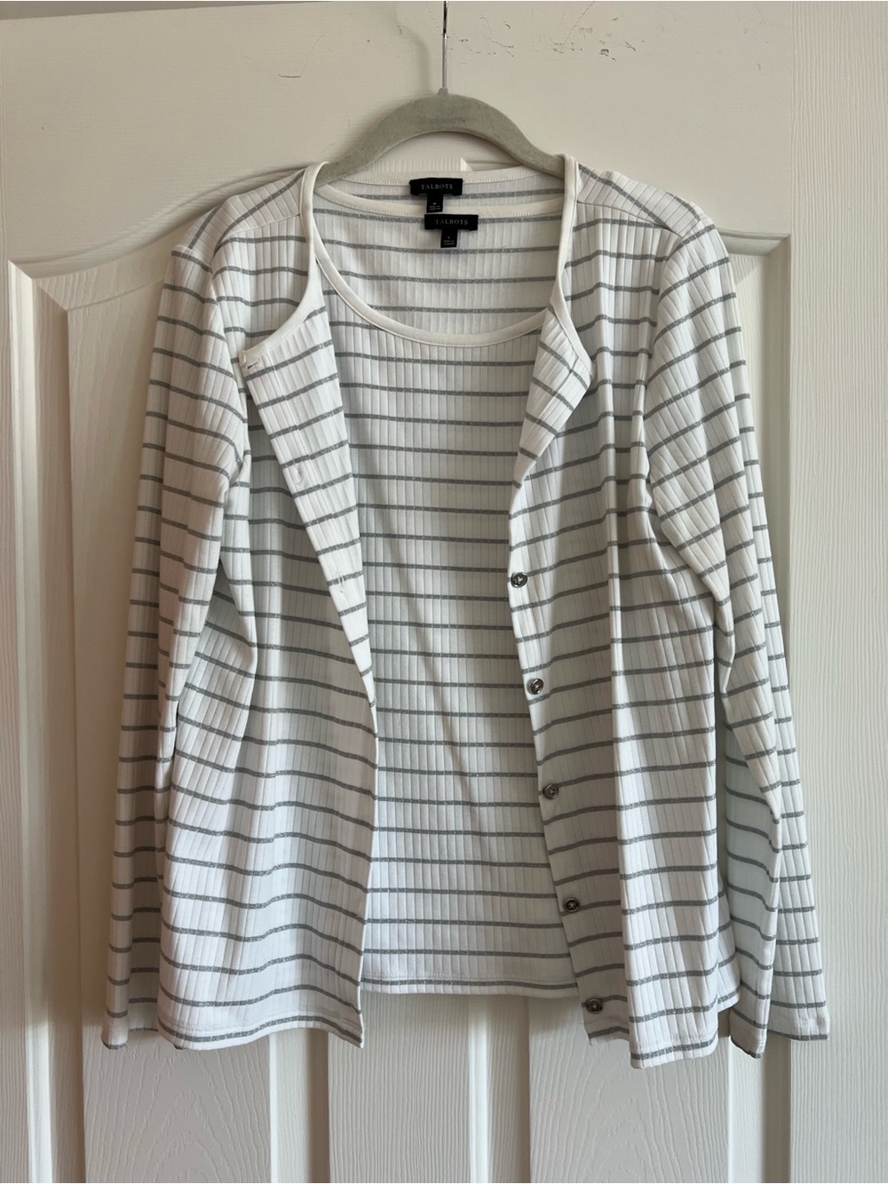 Talbots White Striped Knit Twinset Jacket